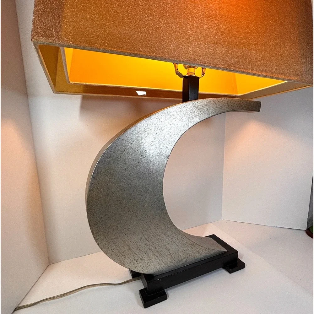 Vintage Mid Century Silver Iridescent Crescent Lamp with double shade